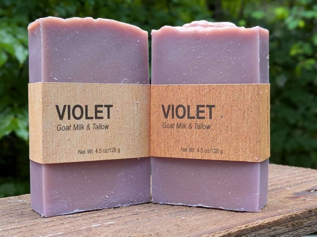 Two bars of our violet soap standing on end.