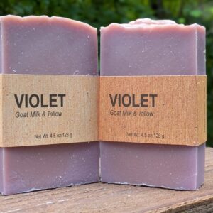 Two bars of our violet soap standing on end.