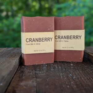 Two bars of cranberry soap, standing on end next to each other.