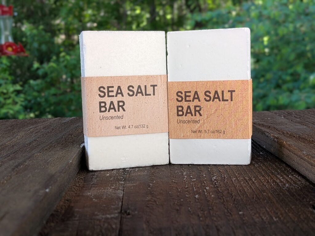 2 bars of our unscented Sea Salt bars, standing on end.