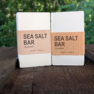 2 bars of our unscented Sea Salt bars, standing on end.